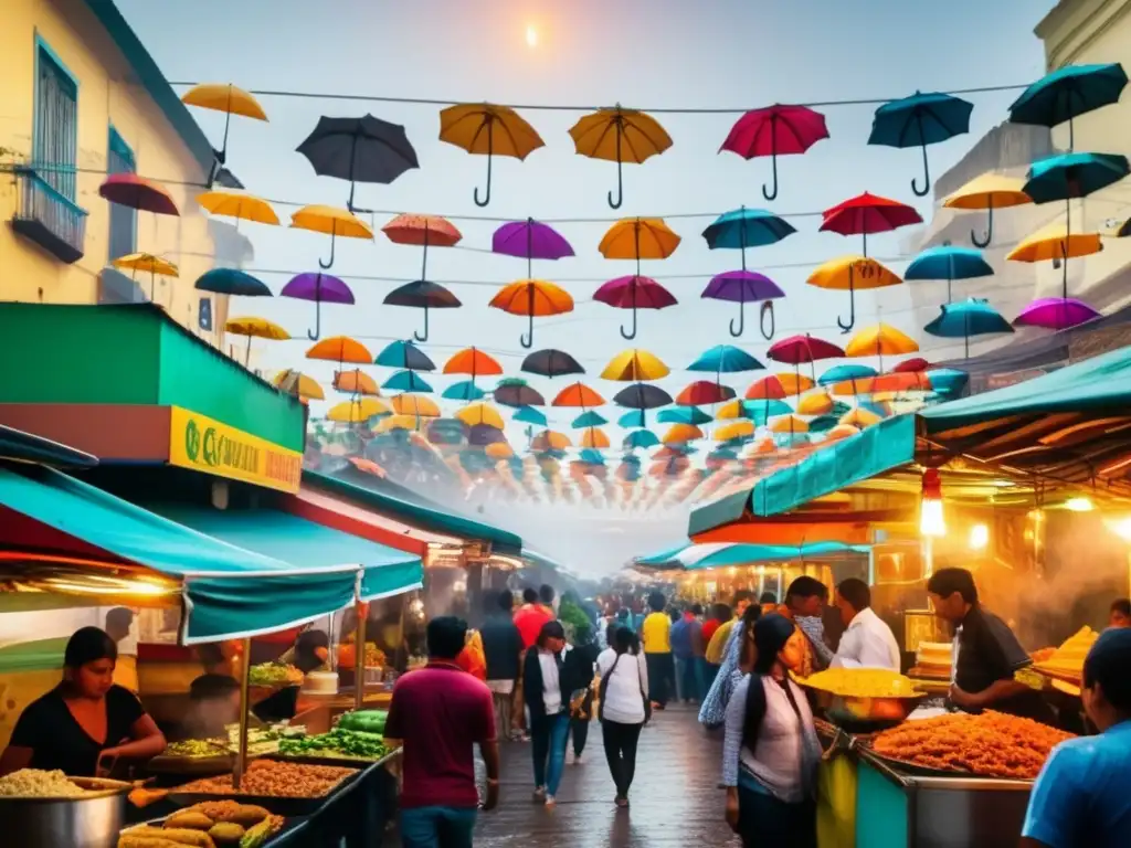 Comida callejera de Lima: escena vibrante y diversa, con puestos de comida, gente y arquitectura urbana