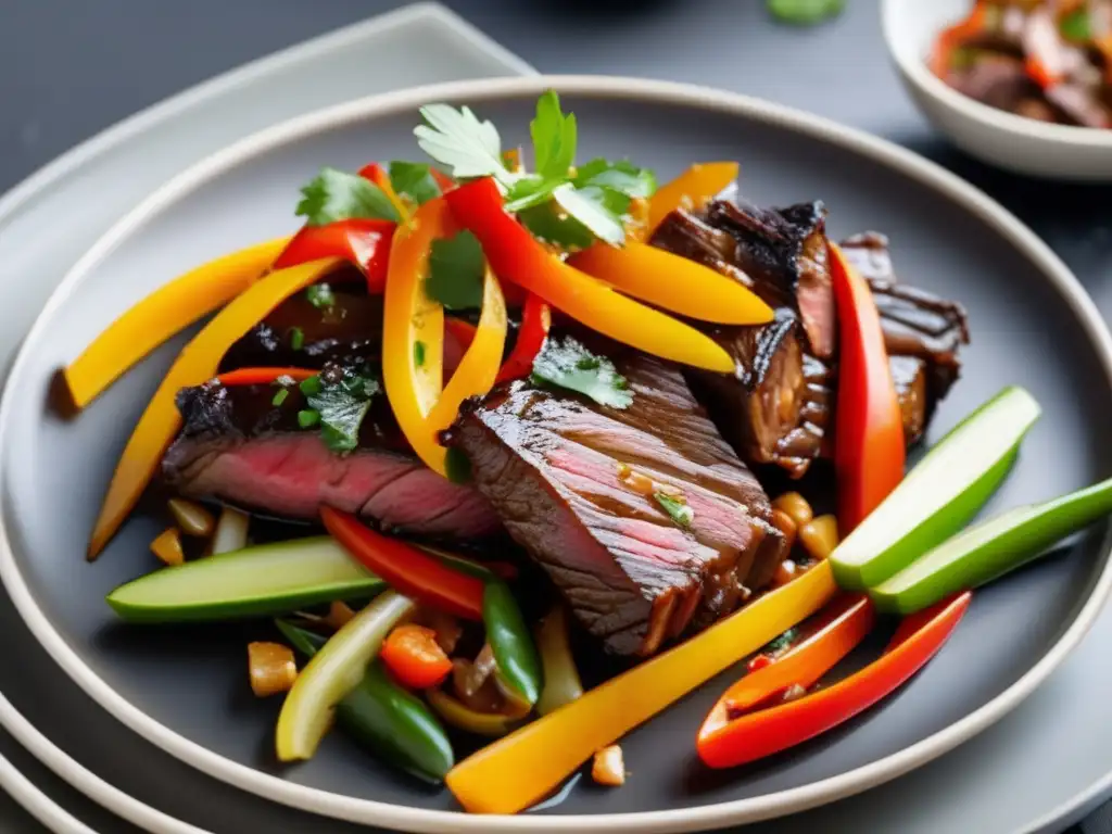 Delicioso lomo saltado con carne tierna y vegetales vibrantes