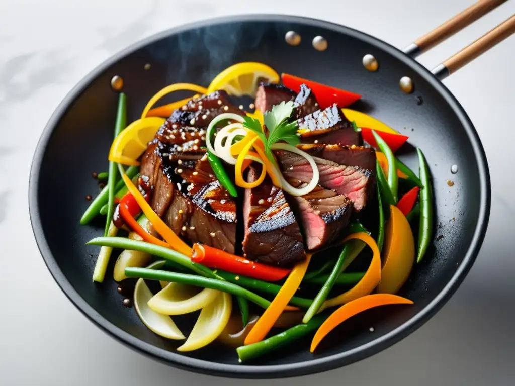 Lomo Saltado: Un wok humeante con carne de res marinada, vegetales coloridos y un toque de salsa de soja, fusionando sabores peruanos y chinos