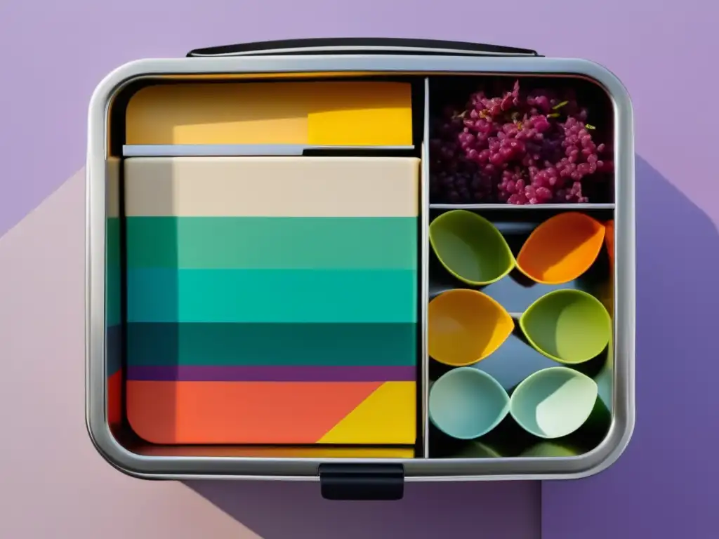 Lunchbox vegana para llevar: diseño moderno, saludable y colorido con patrones abstractos y alimentos veganos variados