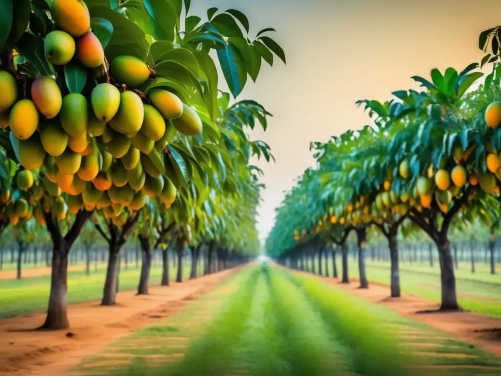 Un vibrante huerto de mangos en India durante el Festival del Mango: árboles cargados de mangos maduros en tonos naranja y amarillo