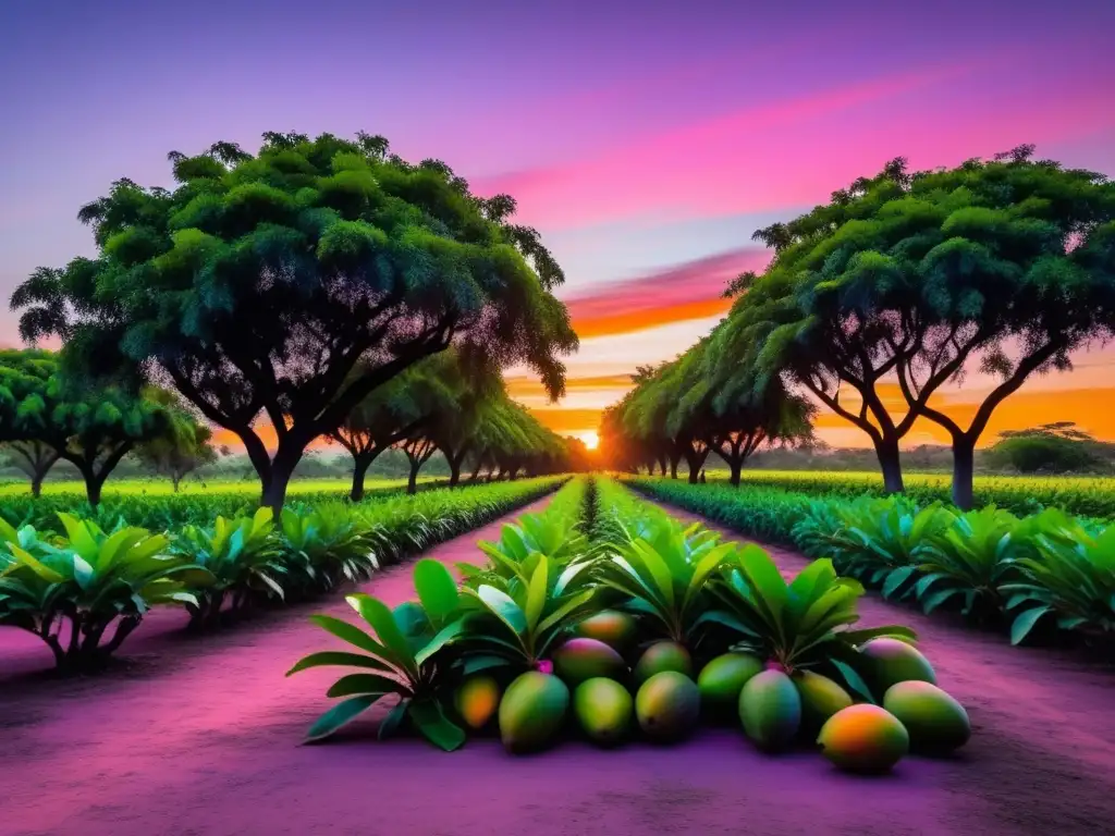 Festival del Mango en India: Atardecer vibrante en un huerto minimalista y abstracto, con árboles de mango en silueta