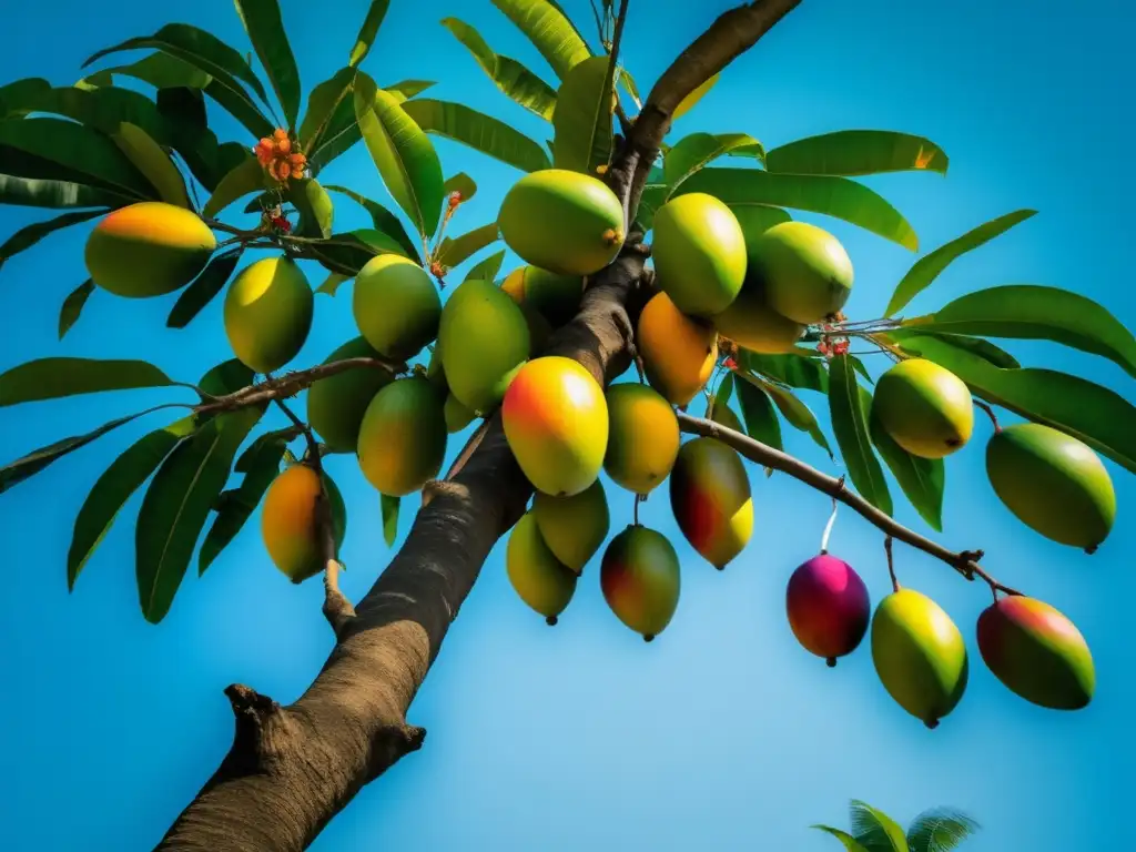 Festival del Mango en India: Árbol de mango en floración, frutas colgantes y cielo azul, evocando frescura y celebración