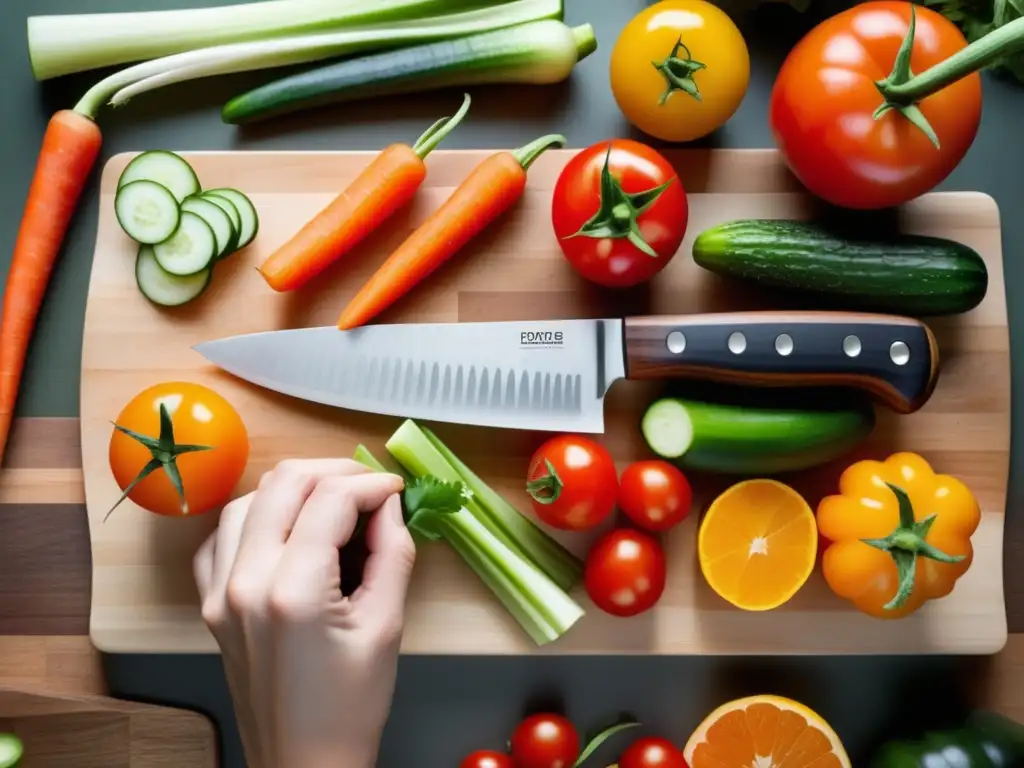 Mano sosteniendo cuchillo sobre verduras, ¿Cómo Dominar el Arte de Cortar Verduras?