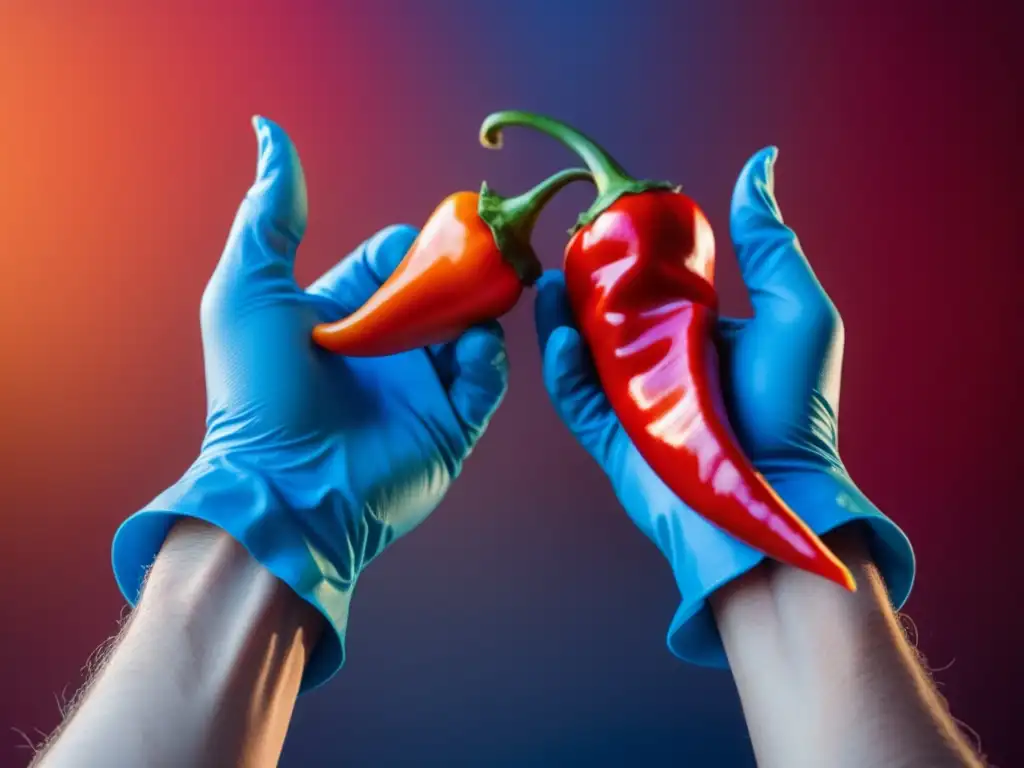 Manos con guantes azules sostienen pimiento rojo picante - Chiles Picantes: El Toque Ardiente en la Gastronomía Latinoamericana