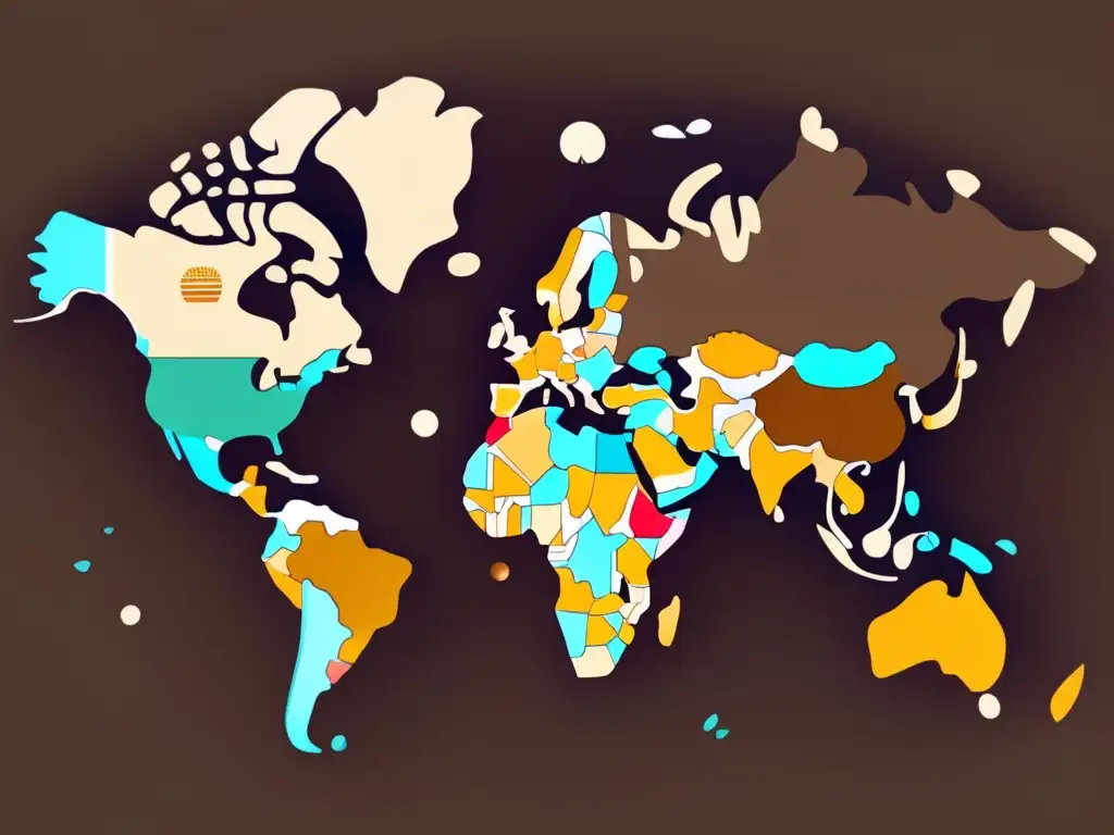 Mapa mundial con formas geométricas y colores vibrantes representando los países productores de café y té