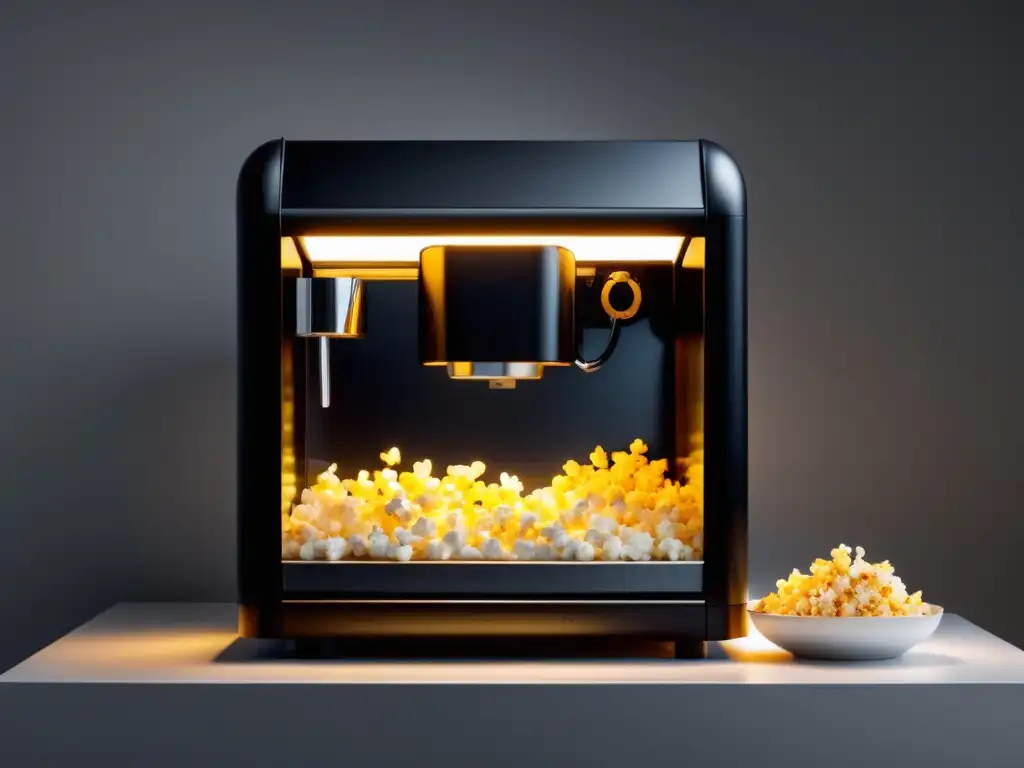 Máquina de popcorn minimalista y abstracta, diseño elegante en tonos negro mate, iluminación suave y fondo azul intenso