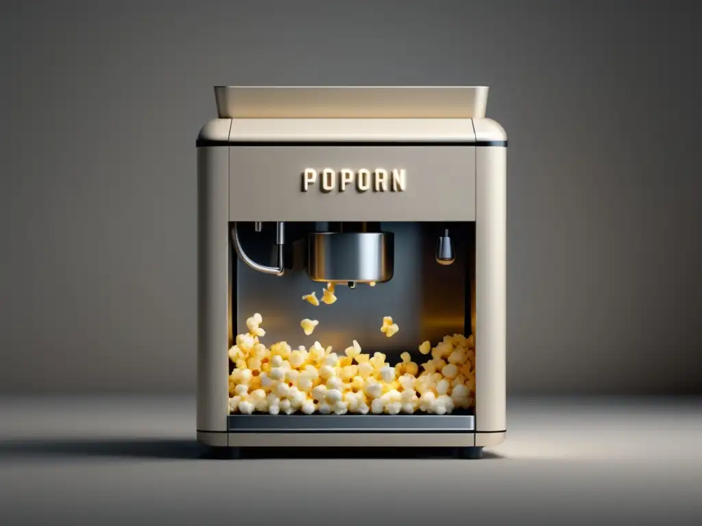 Máquina de popcorn ultradetallada en 8K, minimalista y abstracta, con diseño moderno y líneas limpias