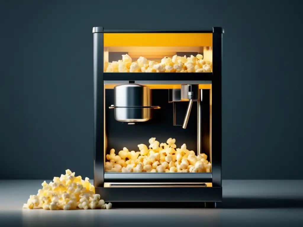 Máquina de popcorn minimalista y elegante, resaltando su diseño moderno y técnico