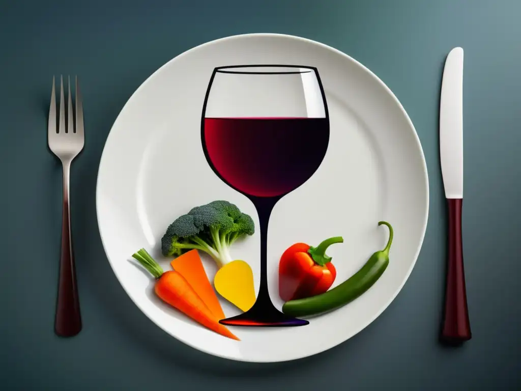 Maridaje de vinos y verduras: imagen abstracta de copa de vino rojo y plato de vegetales coloridos, minimalista y vibrante