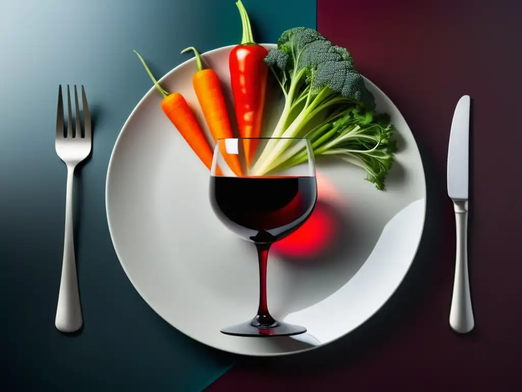 Maridaje de vinos y verduras: copa de vino y plato de vegetales coloridos en composición armoniosa