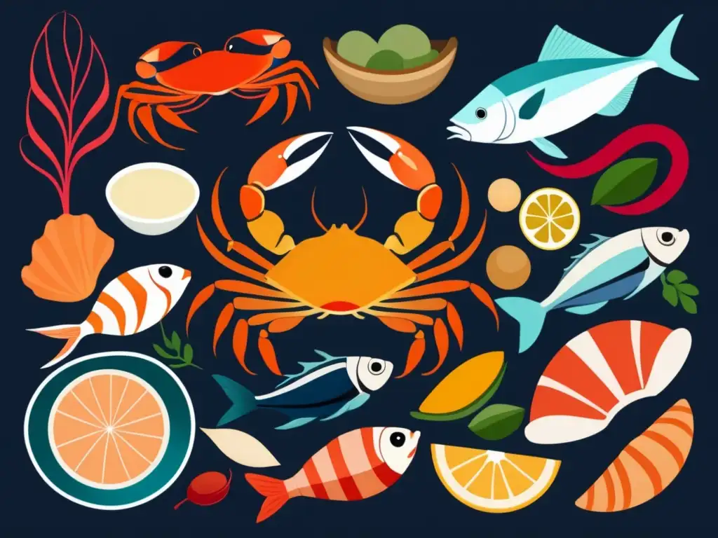 Mariscos en gastronomía asiática: ilustración abstracta y vibrante resalta su importancia y diversidad