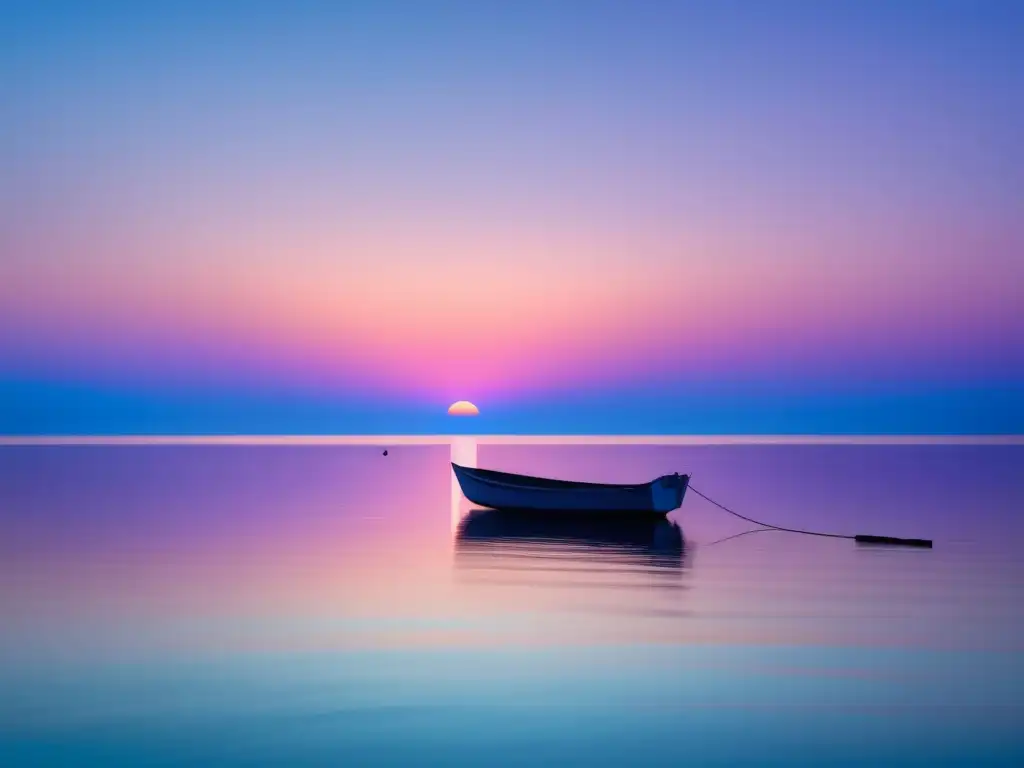 Imagen de un sereno atardecer en el océano con tonos pastel de rosa, naranja y morado, reflejados en el agua, creando una atmósfera tranquila