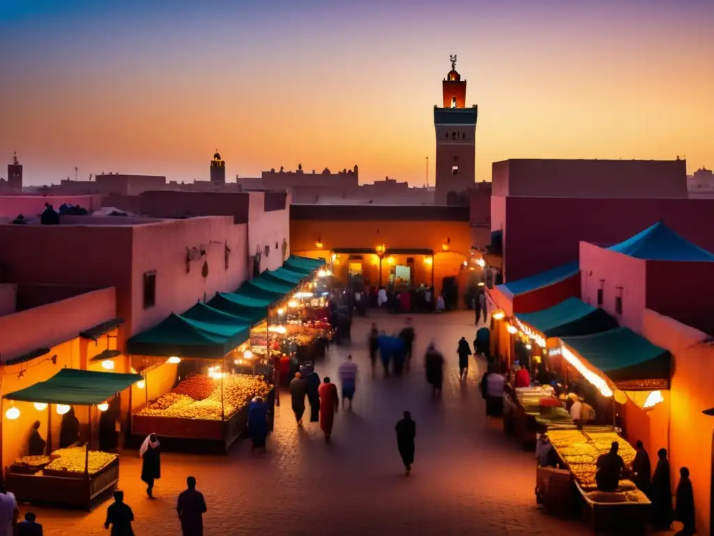 Un viaje gastronómico por las calles de Marruecos, con vibrantes colores y siluetas disfrutando de la comida callejera y la atmósfera de Marrakech