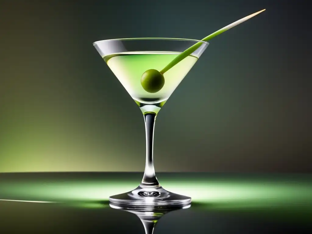 Martini: Descubriendo la historia del cóctel de James Bond - Un martini claro y elegante con una aceituna verde en un vaso minimalista