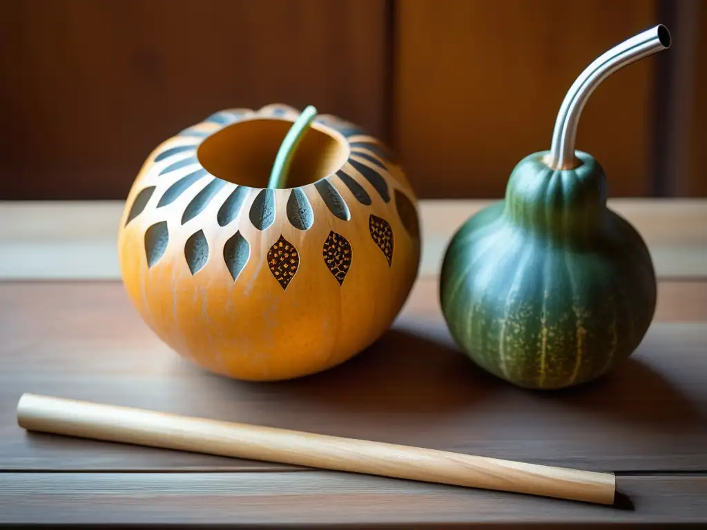 Mate: Infusión tradicional con gourd y bombilla en mesa de madera