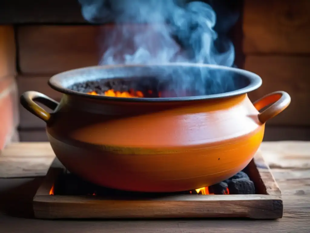 Cocina Paraguaya: Olla de barro paraguaya con guiso de carne y vegetales, representación minimalista de la tradición culinaria