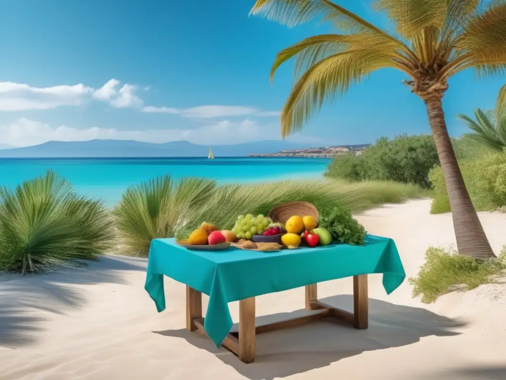 Imagen de paisaje mediterráneo vibrante con aguas turquesas, playa dorada y vegetación exuberante