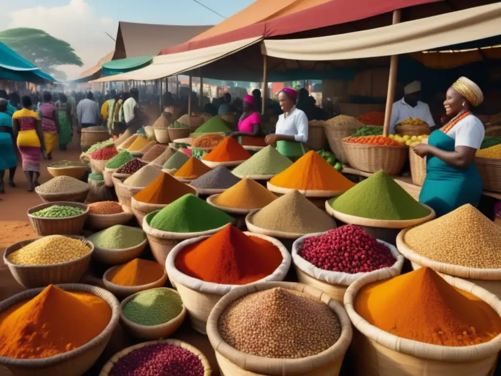 Deleita tus Sentidos con la Exquisita Cocina Africana - Mercado africano vibrante, repleto de especias, frutas y vegetales coloridos