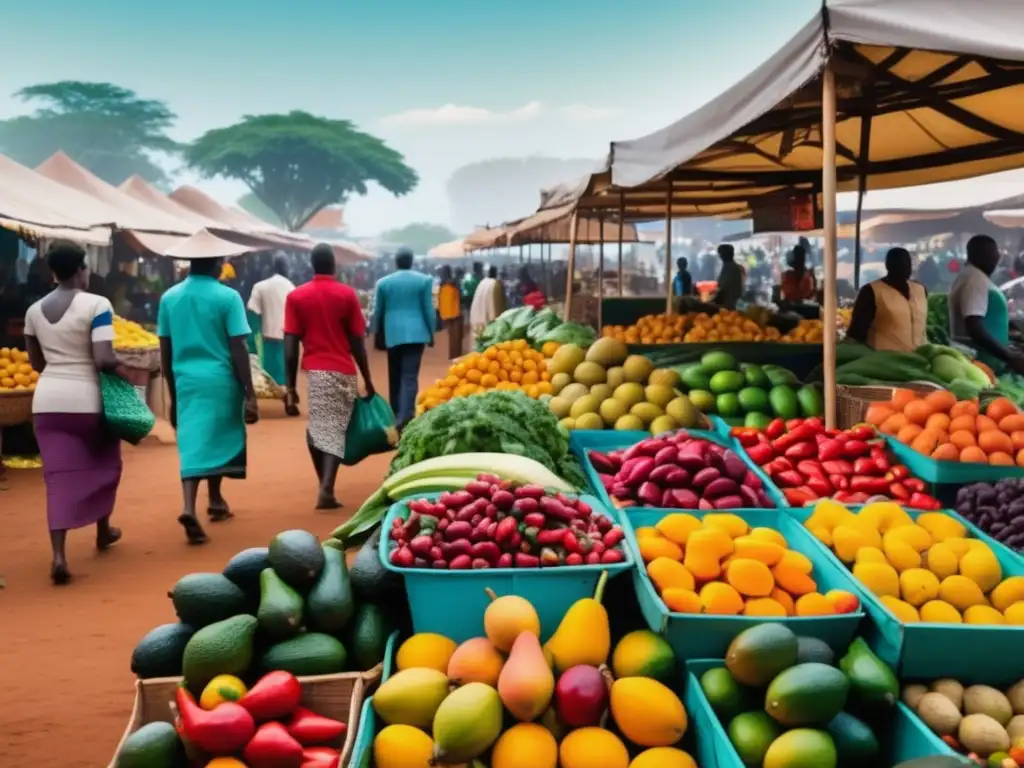 Cocina africana en vibrante mercado con frutas, vegetales y arquitectura tradicional