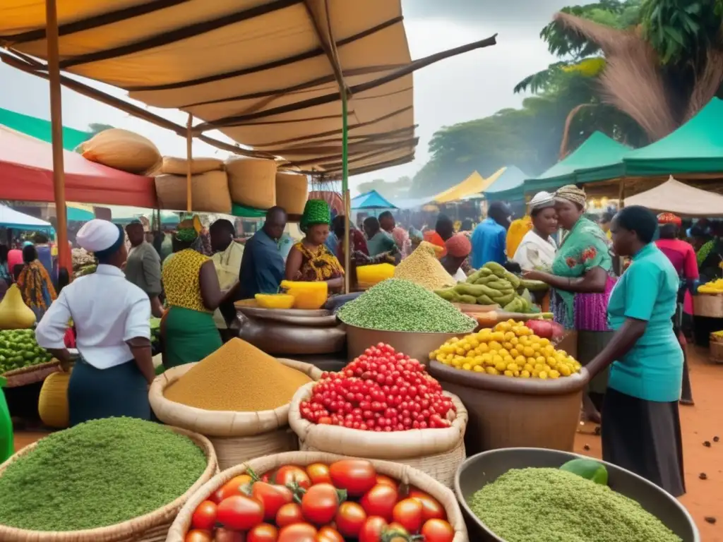 Escena vibrante de un mercado africano con ingredientes frescos y chefs expertos