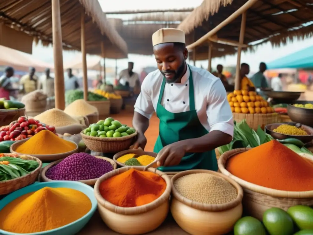 El Sabor de África: Una Escena Vibrante de un Mercado Colorido y Animado con Exóticas Frutas, Verduras y Especias