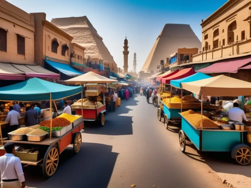 Los sabores ocultos de la comida callejera en Egipto: una imagen 8k detallada que muestra una animada calle llena de coloridos puestos de comida