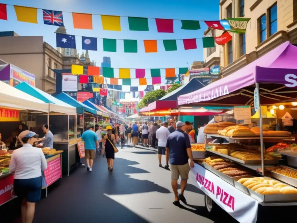 Comida callejera en Australia: vibrante mercado con puestos de comida, colores y delicias