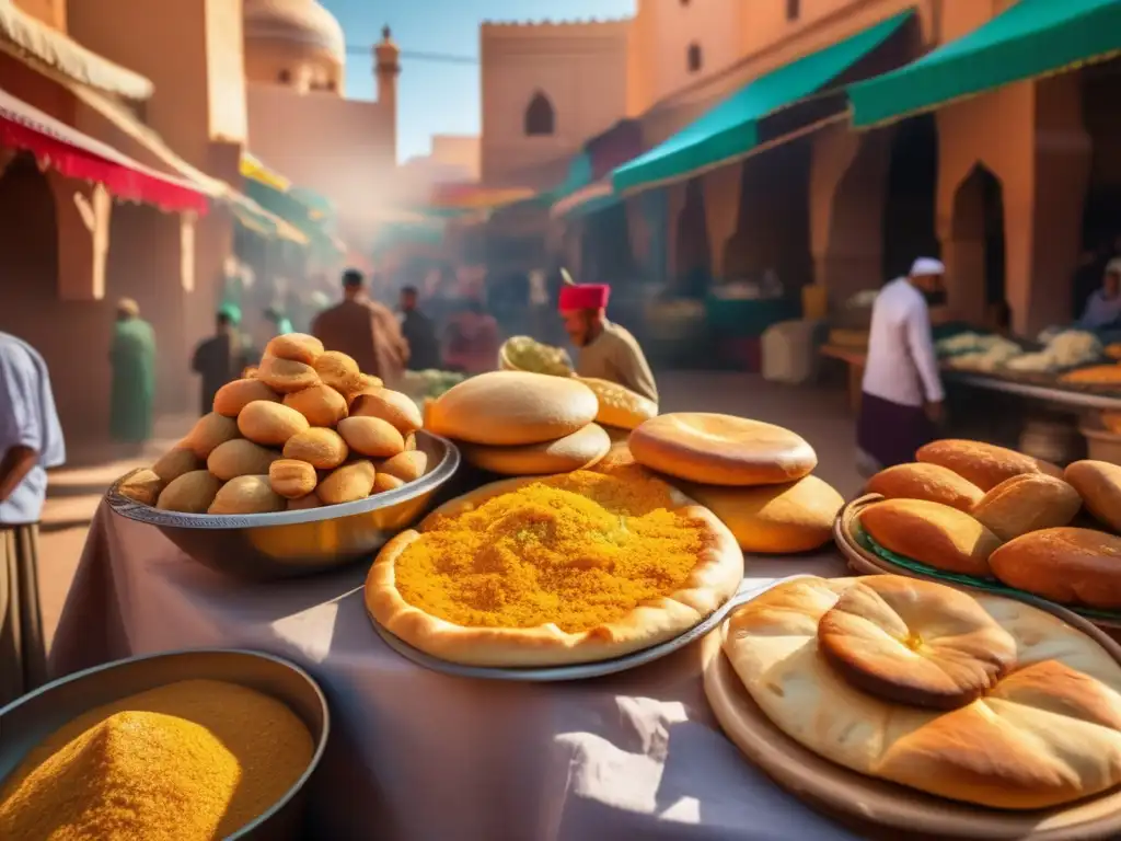 Un viaje gastronómico por las calles de Marruecos: una imagen detallada en 8k de un animado mercado callejero marroquí, con colores vibrantes y una atmósfera animada