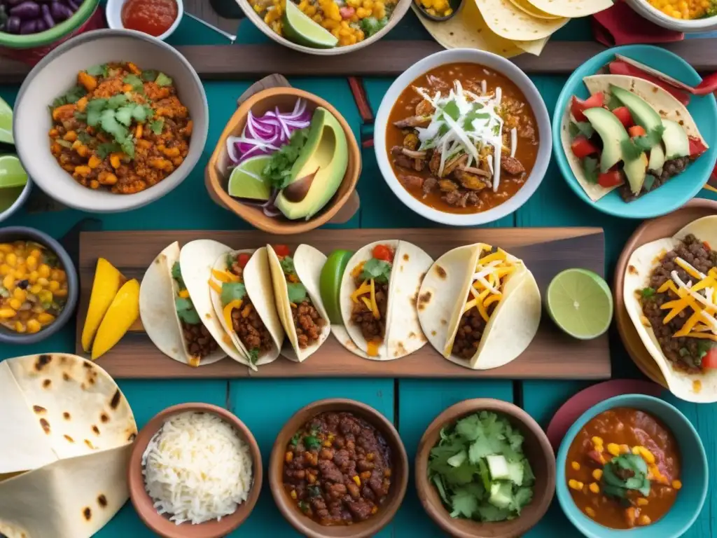 Escena vibrante de comida callejera mexicana con coloridos puestos de comida y deliciosos platillos en una mesa rústica