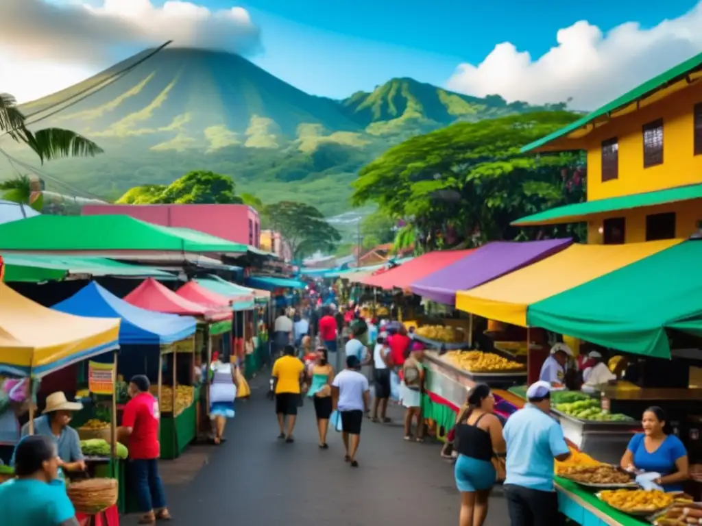 Saboreando la calle: comida callejera en Costa Rica, vibrante mercado con edificios coloridos y exuberante vegetación