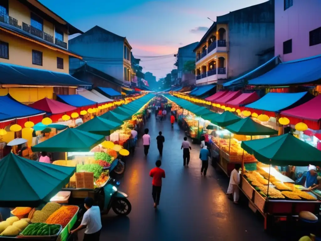 Comida callejera vietnamita en un vibrante mercado al atardecer