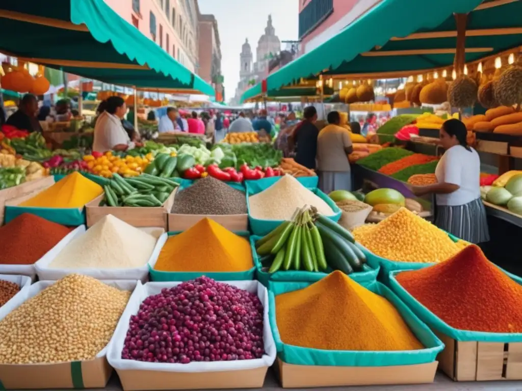 Mercado de alimentos vibrante y colorido en una ciudad bulliciosa