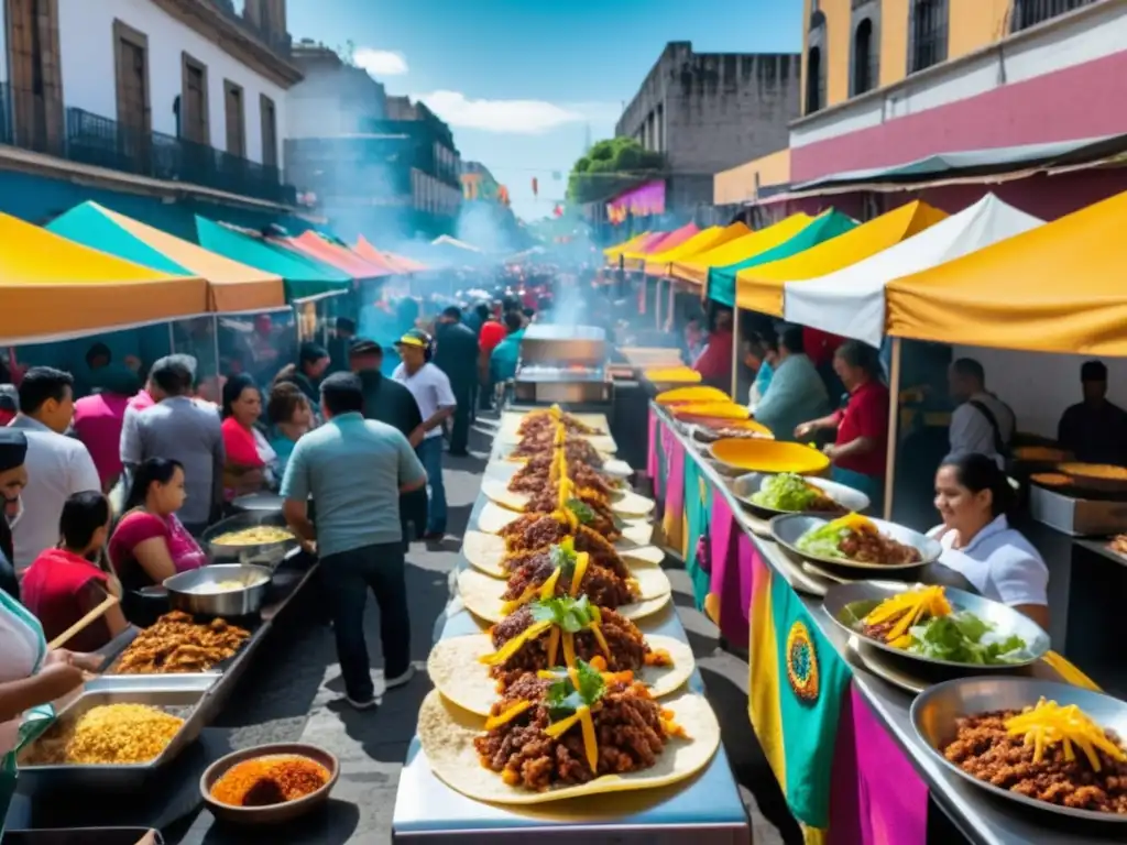 Mercado de comida callejera mexicana en Ciudad de México, con puestos de comida coloridos y animados