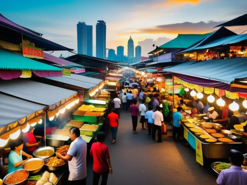 La Cocina de Malasia: Un Encuentro de Culturas y Sabores en un vibrante mercado callejero con platos exquisitos y colores llamativos