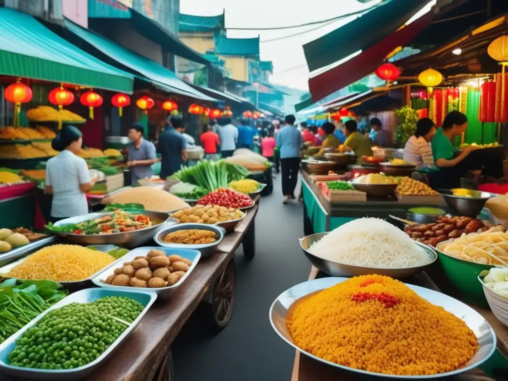 Comida callejera vietnamita en vibrante mercado de alimentos