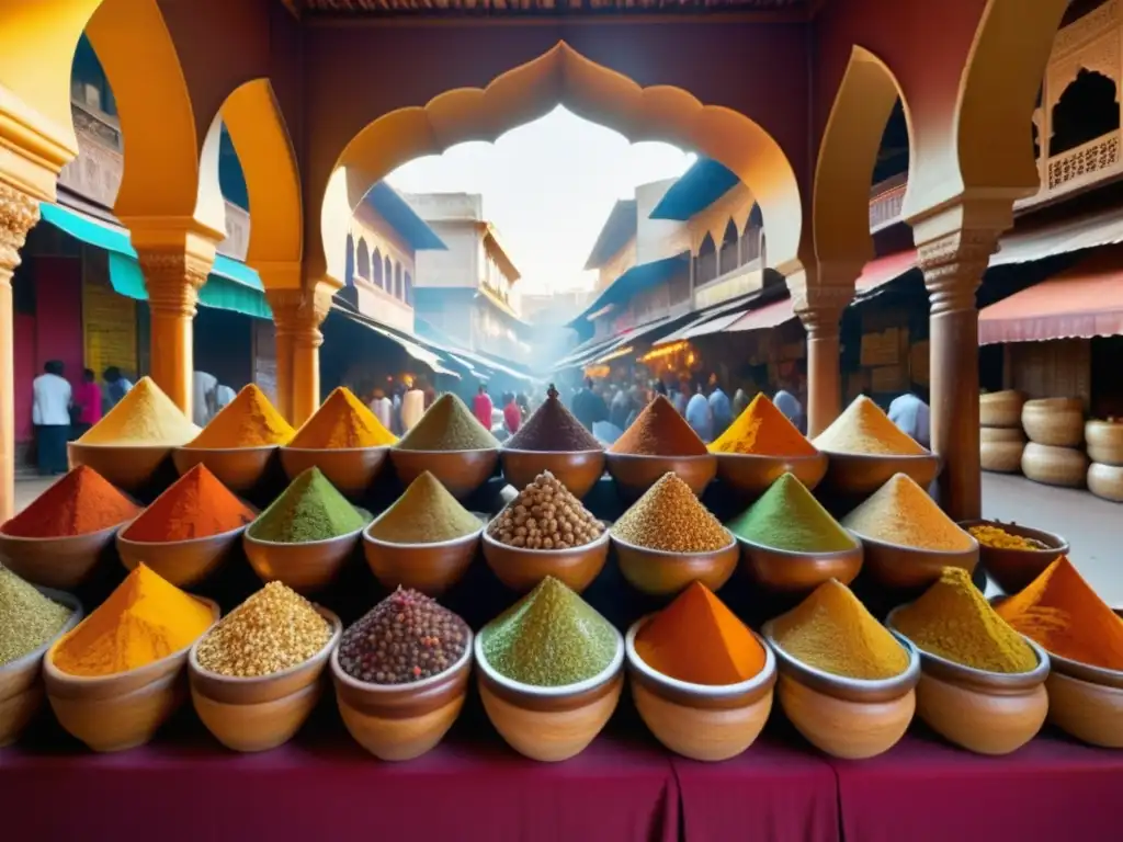 El Colorido y Exquisito Mundo de los Curry Indios: Especias indias vibrantes y fascinantes en un bazar tradicional, lleno de colores y sabores