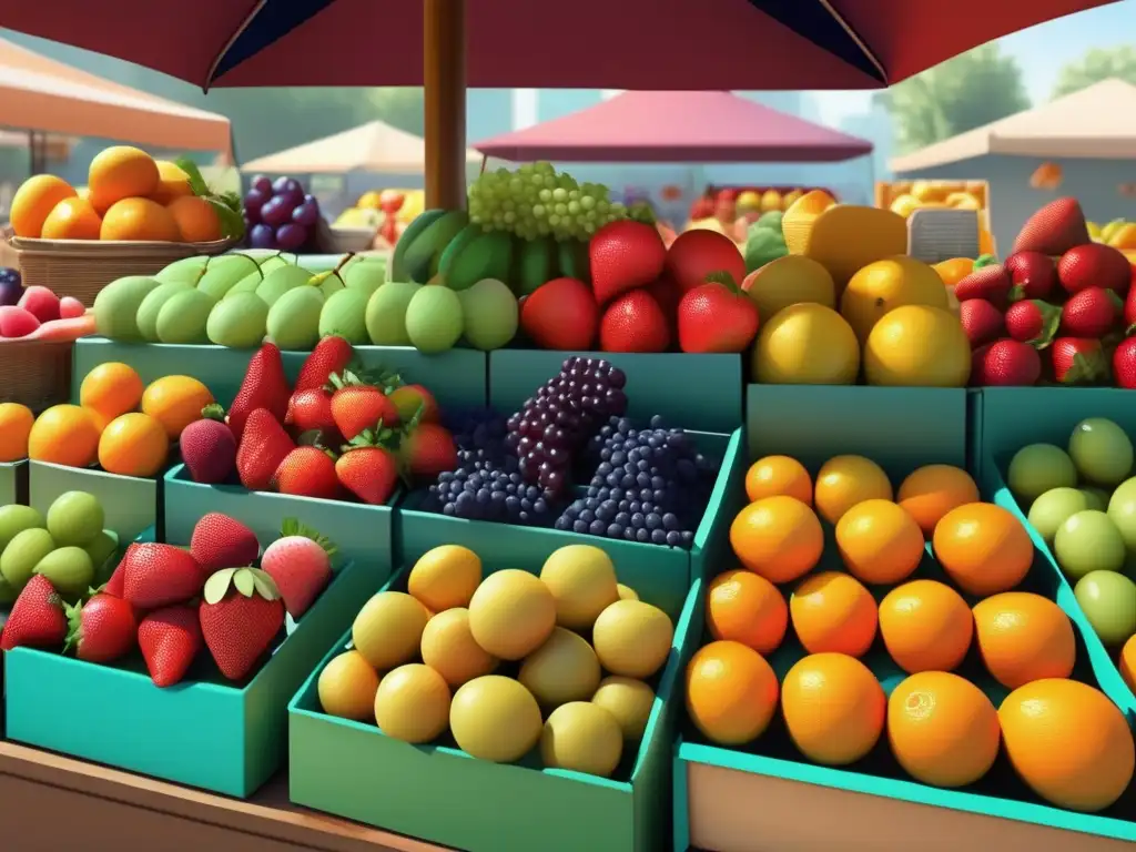 Mercado de frutas frescas - Fresas, naranjas, sandías y uvas en detalle realista