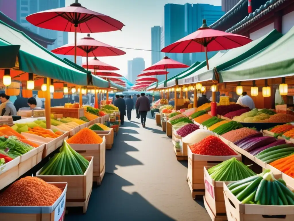 Festival del Kimchi en mercado coreano con vendedor en hanbok, kimchi y ambiente vibrante