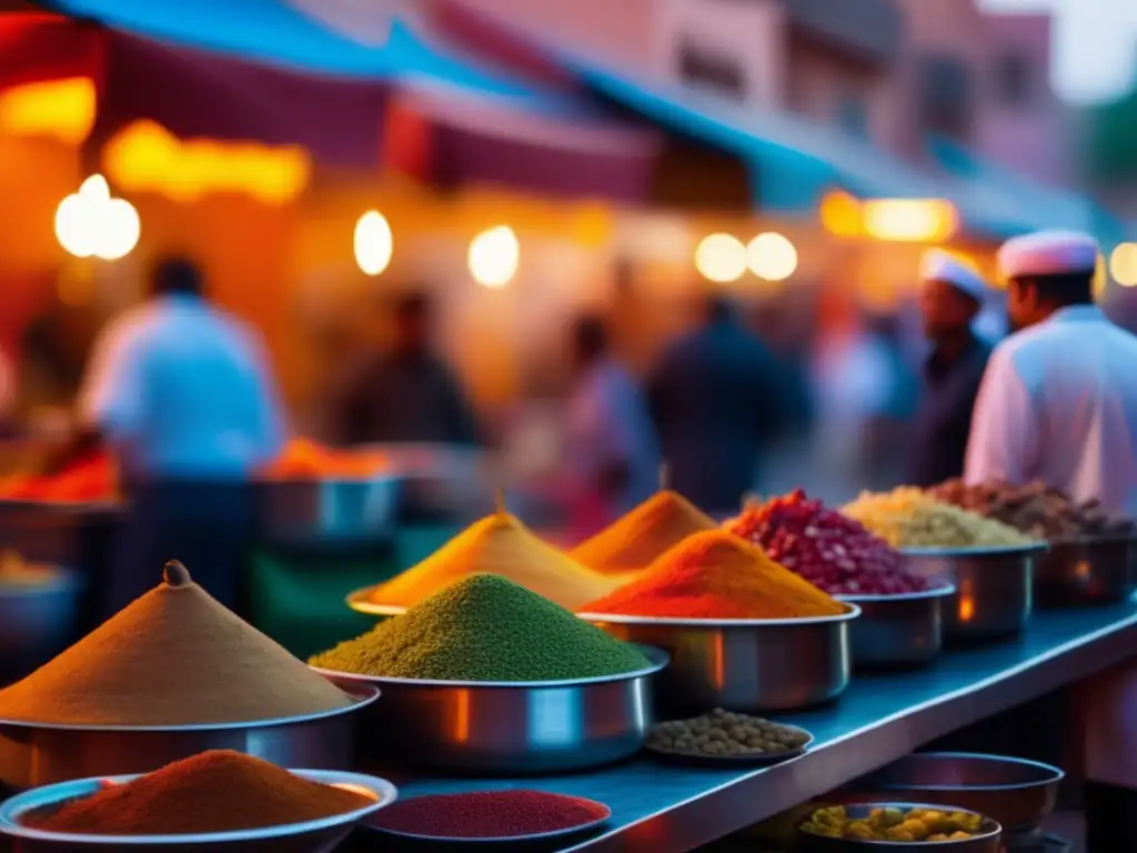 Gastronomía marroquí en vibrante mercado callejero al atardecer