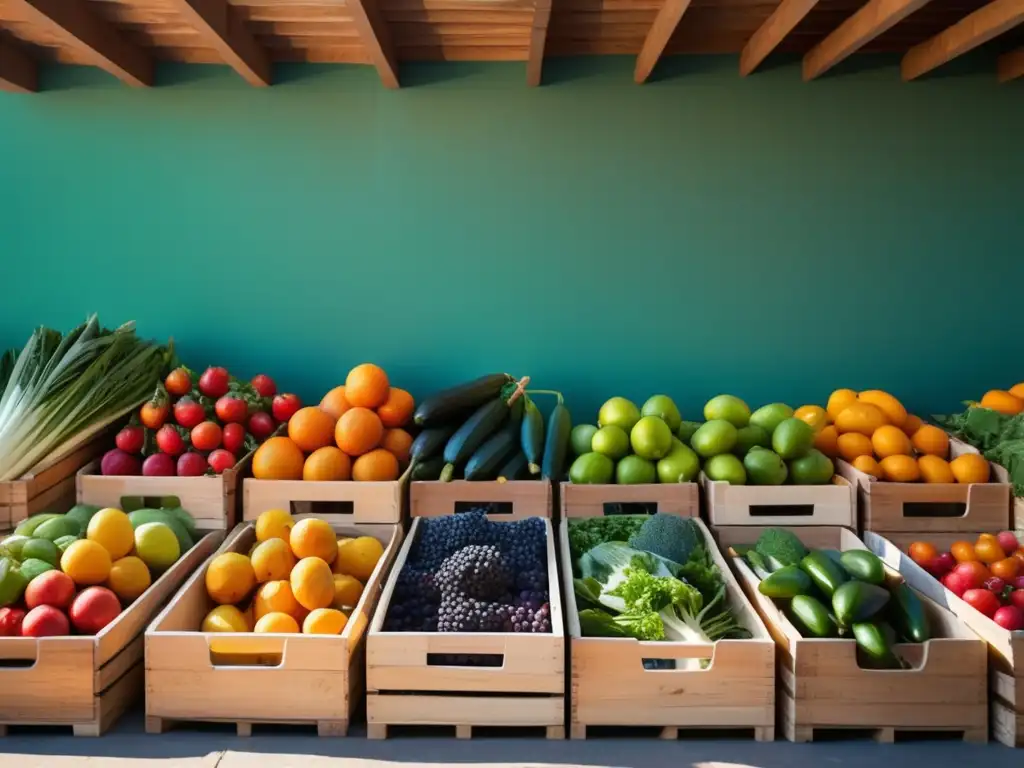 Descubre la Dieta Mediterránea: mercado vibrante con frutas y verduras coloridas en cajas de madera