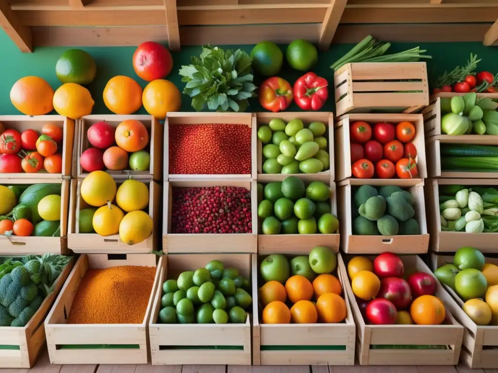 Cocina Mediterránea: Mercado vibrante con frutas, verduras y especias coloridas en cajas de madera