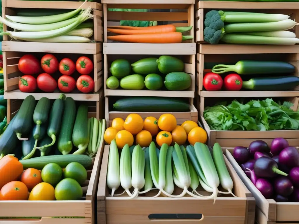 Hortalizas en la gastronomía mexicana: escena vibrante de mercado con vegetales coloridos en cajas de madera