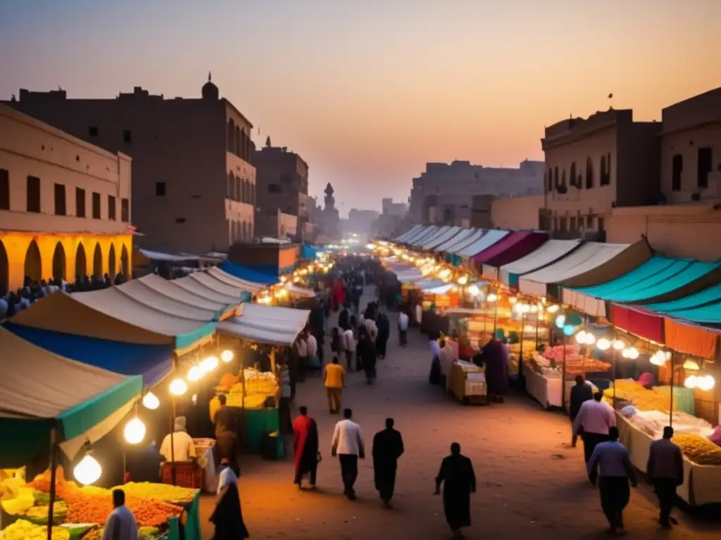 Los sabores ocultos de la comida callejera en Egipto - Vibrante mercado callejero egipcio al atardecer, lleno de colores, puestos de comida y gente