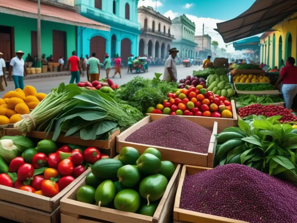 Cocina Cubana: Un Baile de Sabores Tropicales - Mercado tropical en Cuba con frutas, verduras y hierbas frescas