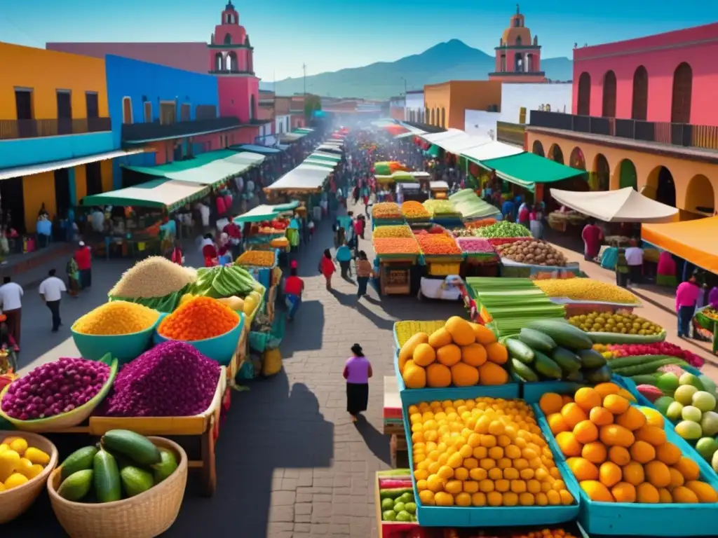 Gastronomía Mexicana: Más allá de los Tacos y el Guacamole - Escena vibrante de un mercado en México, con una variedad culinaria diversa