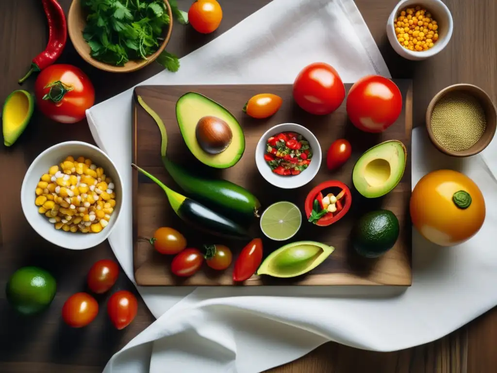 Gastronomía en la literatura latinoamericana: Mesa de ingredientes vibrantes y coloridos, representando la diversidad culinaria de la región