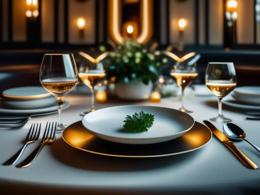 Mesa de comedor en restaurante Estrella Michelin: detalle de vajilla y ambiente cálido