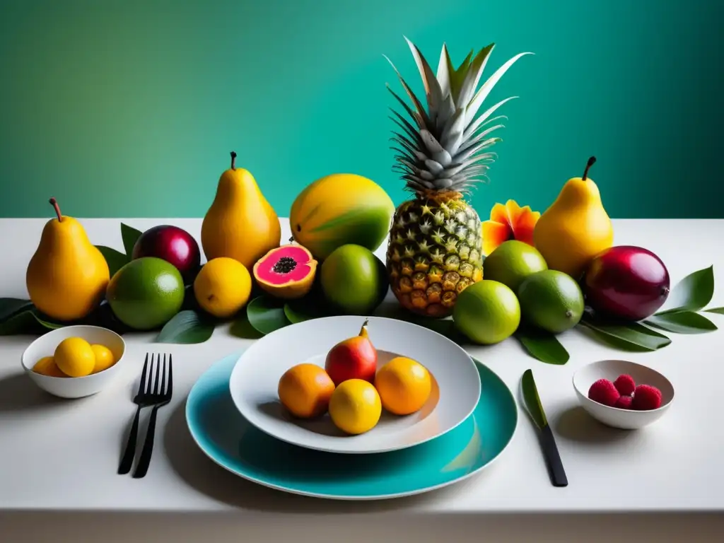 Mesa de comedor con elementos vibrantes y surrealistas, fusionando gastronomía y realismo mágico en Latinoamérica