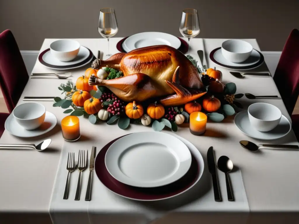 Cena de Acción de Gracias: Elegancia y simplicidad en una mesa decorada con precisión simétrica, vajilla moderna y flores otoñales en tonos cálidos